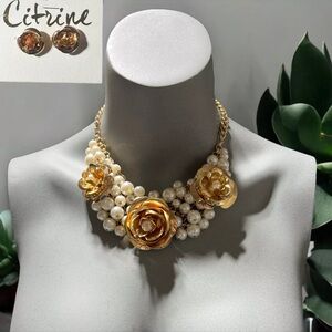 Beaded Faux Perls Necklace Set With Floral Bronze Tone Accents Modernist Choker